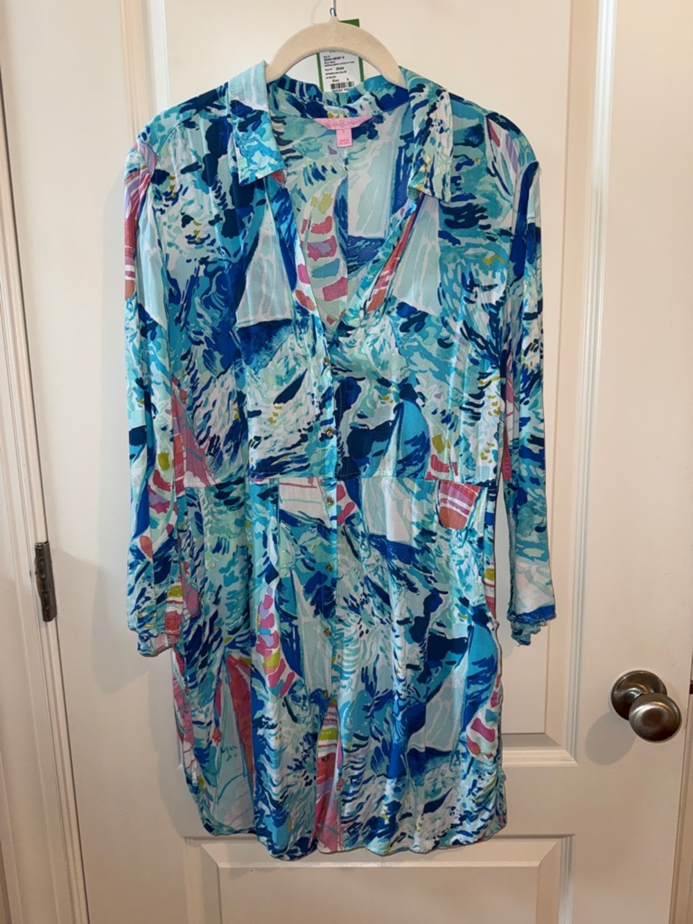 Lilly Pulitzer Sparkling Blue Emerald Beach Cover-Up Tunic Dress Hey Bay Bay